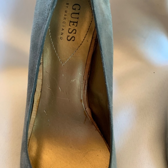 Guess By Marciano Gray Suede Feel Open Toe Heels with Cork Look Heels! - Picture 8 of 13